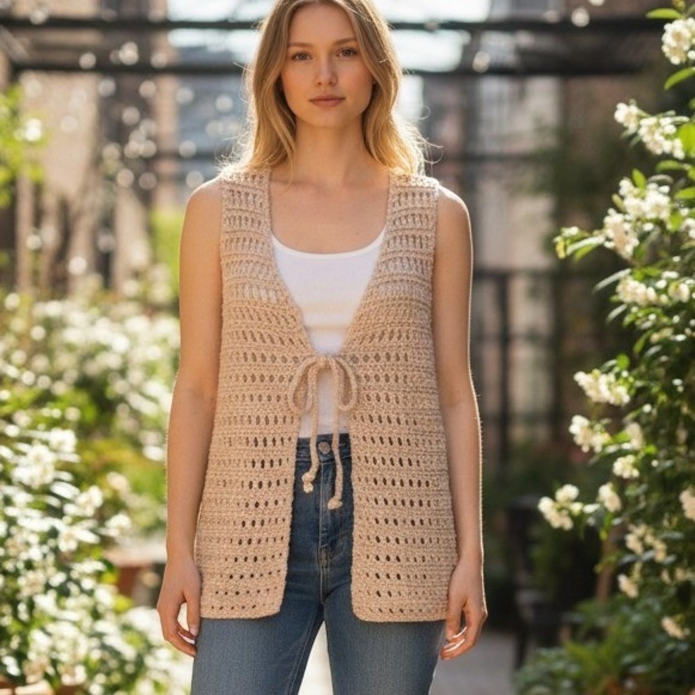 Handmade Crochet Vest Sleeveless Tie Front Open Knit Cottagecore Coquette Boho
